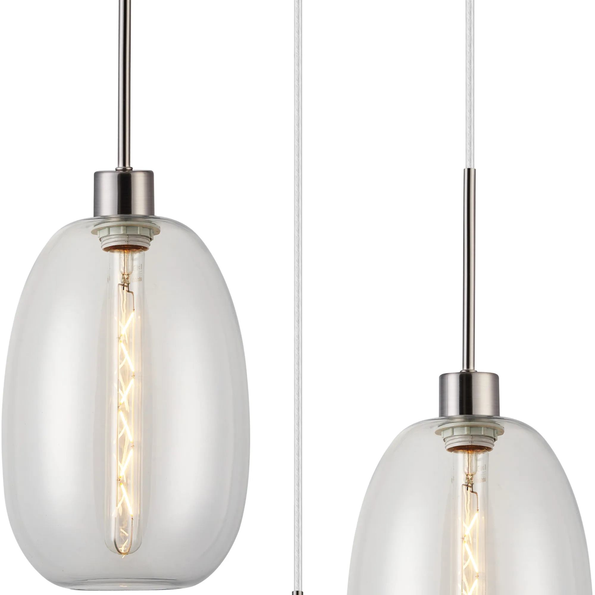 Lori 40cm Round Pendant, 3 Light Adjustable E27, Satin Nickel/Clear Slim Curved Trapezium Shades DK1361  Deco Lori Satin Nickel